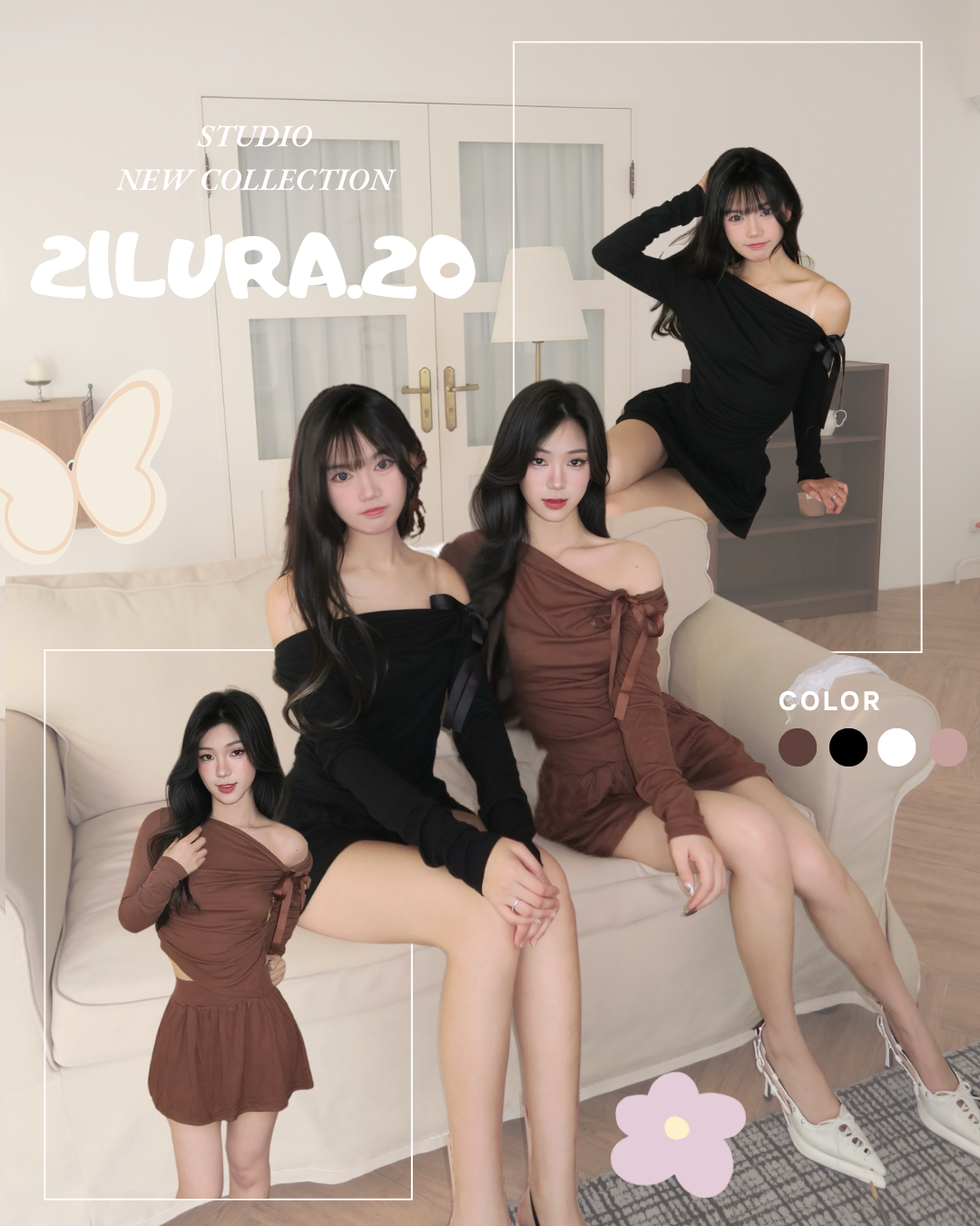 #TS0301斜肩蝴蝶結套裝(4colors)