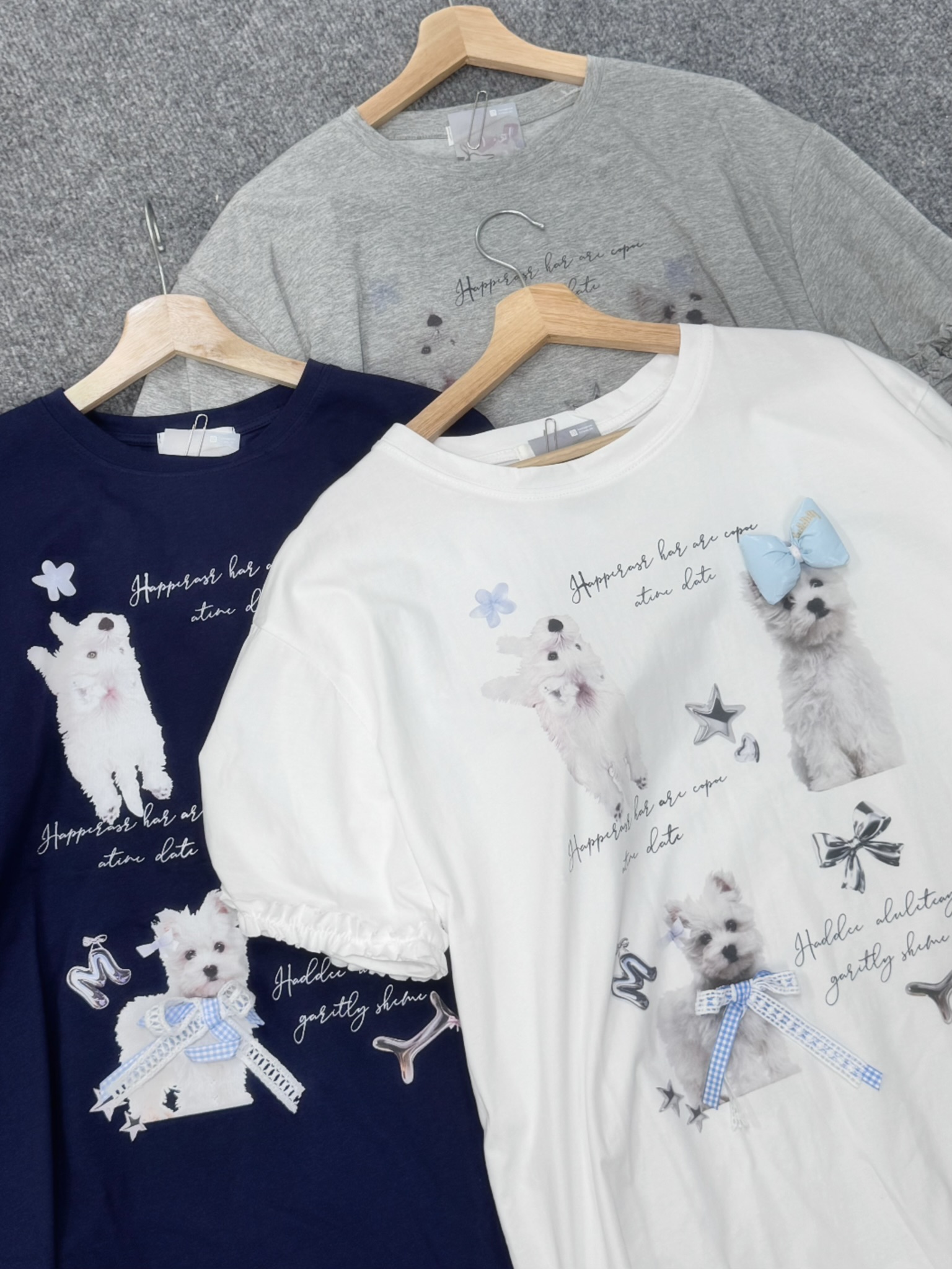可愛狗狗拼接荷葉邊T恤(3colors)-立體蝴蝶結活動式可調整