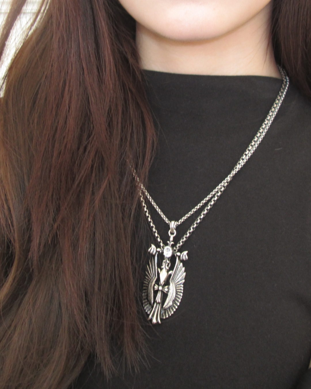 亞裔風天使之翼十字架鋼墜