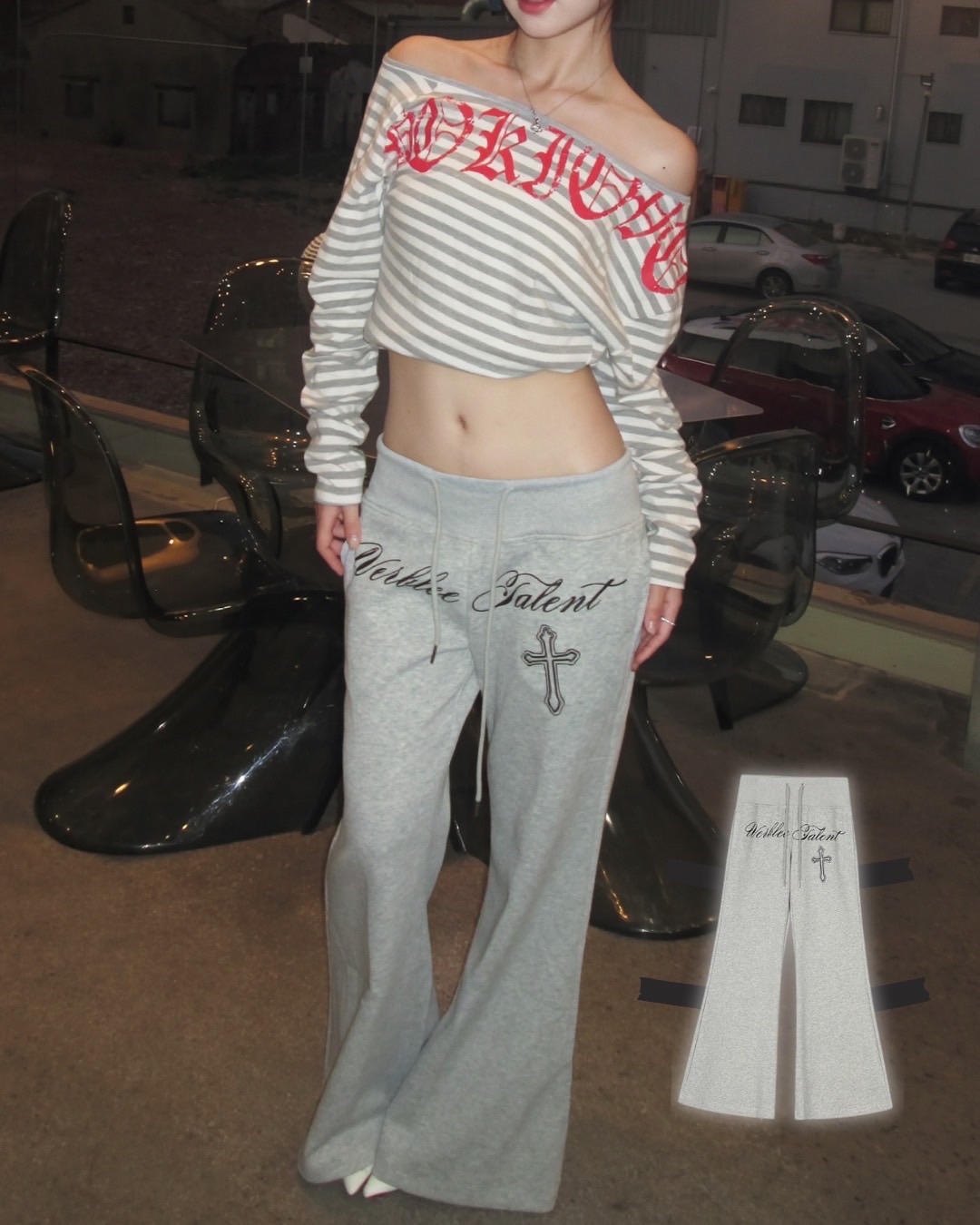 #B1010美式抽繩綁帶喇叭棉褲（2colors)