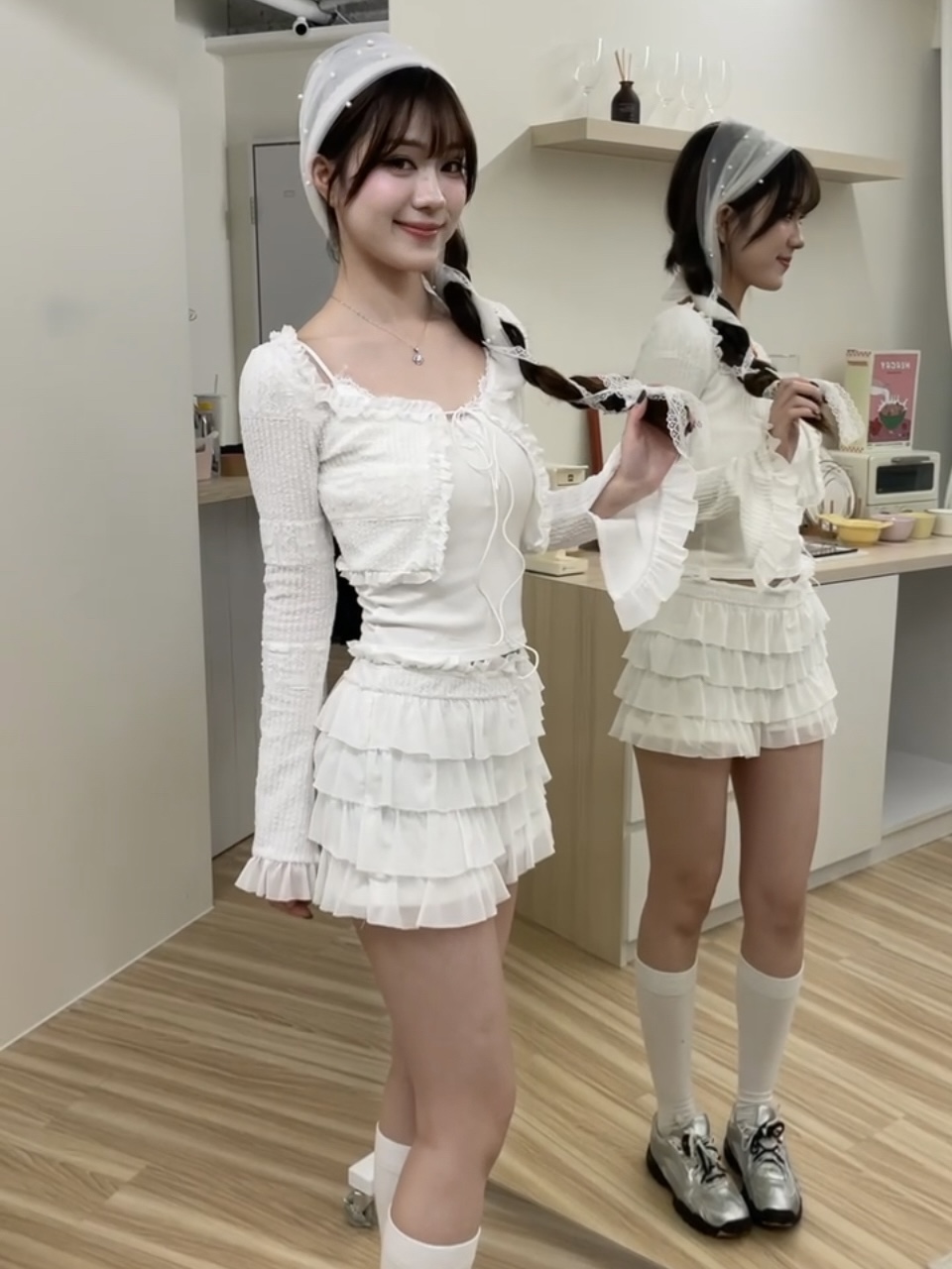 #TS0902木耳邊綁帶上衣+蛋糕裙套裝